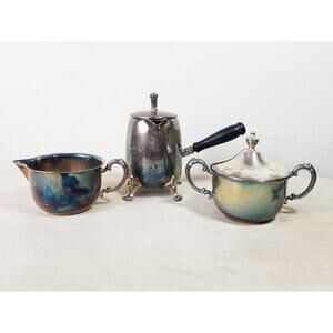 Sheridan Silverplate Sugar Bowl Creamer Coffee Pourer Teapot Footed x3 Vintage